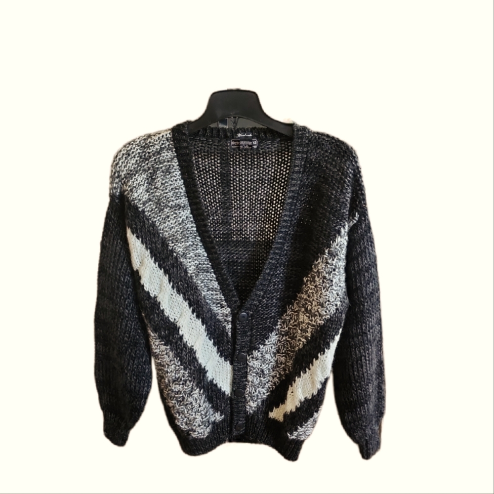 Peter England Handmade Crochet Knit Black/White/Gray Button Front Cardigan Sz M